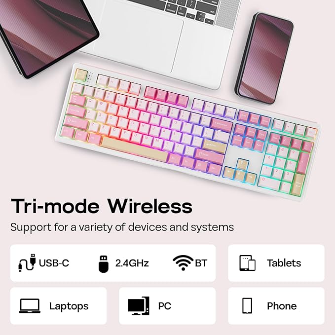 EPOMAKER TH108 Full Size Mechanical Keyboard Wireless Gaming Keyboard with 8000mAh Battery Creamy Gasket 108 Keys Hot Swap Custom Driver RGB Backlight (Pink Creamy Jade)