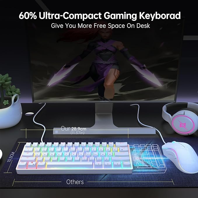 60% Mechanical Gaming Keyboard - 61 Keys Red Switch Quiet Office Computer Keyboard - Multi Color RGB Rainbow Led Backlit - Programmable for PC/Windows/Mac/Gamer - USB Wired - White