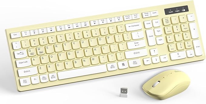 Wireless Keyboard and Mouse Combo Full-Sized Wireless Keyboard and Adjustable DPI Mouse 2.4GHz USB Receiver Keyboard and Mouse for PC Windows Desktop Laptop (Canary Yellow)