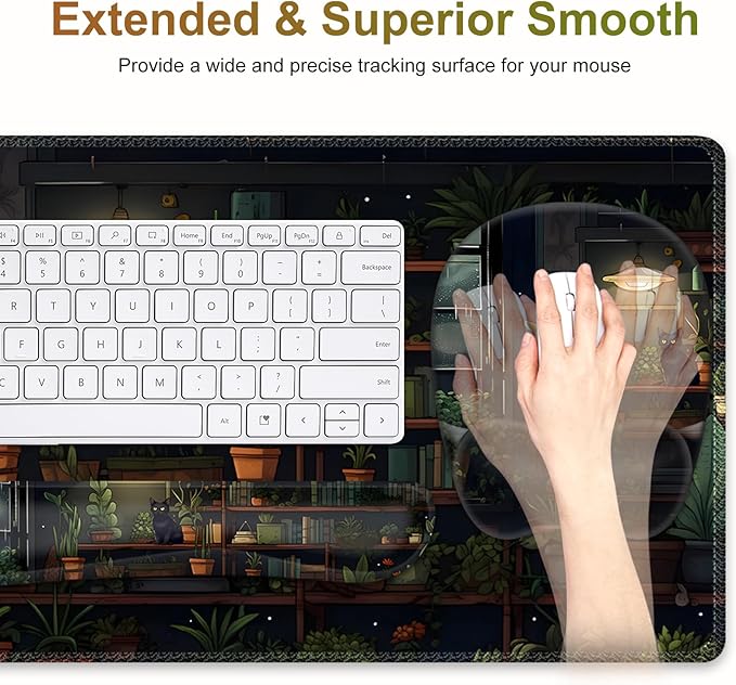 Aesthetic Green Plant Books Mouse Pad with Wrist Support 4 in1 Set XXL Big Game Mousepad + Keyboard Wrist Rest + Mouse Wrist Rest Pad +Coaster Gaming Mat for Work Study I Japanese Anime Lofi Cat