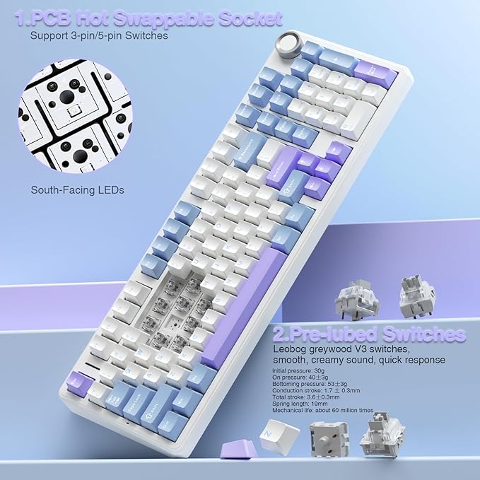 AULA F99 Pro Wireless Mechanical Keyboard with KnobCreamy SoundTri-Mode BT5.0/USB-C/2.4GHz Hot Swappable KeyboardGasket StructureRGB Backlit Computer Gaming Keyboards