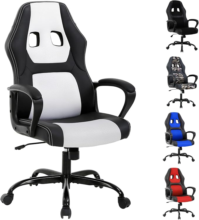 Ergonomic White Gaming Chair - Kids &amp Adults - Adjustable High Back &amp Armrest PU Leather 360 Swivel