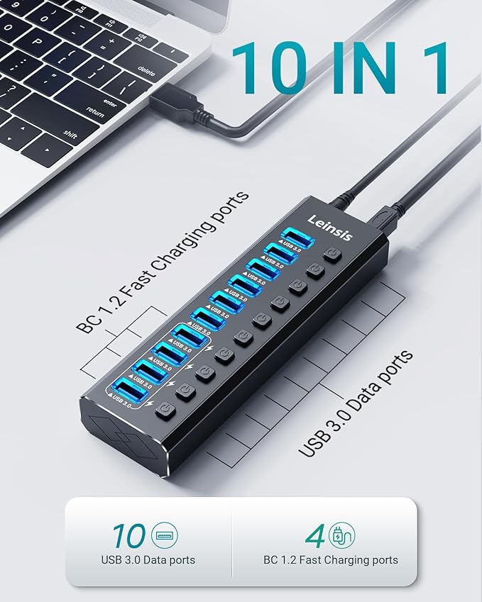 Powered USB Hub 3.0 Leinsis 10-Port USB 3.0 Hub [Durable Aluminum] 10 Data Transfer Ports+ 4 Smart Charging Ports with Individual On/Off Switches USB Hub 3.0 Powered with Power Adapter for Laptop PC