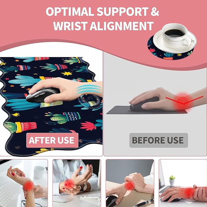Large Gaming Mouse Pad Keyboard Wrist Rest Pad &amp Wrist Support Mousepad Set Stitched Edge Extended Non-Slip Base Memory Foam Desk Mat for Office HomeCute Cactus