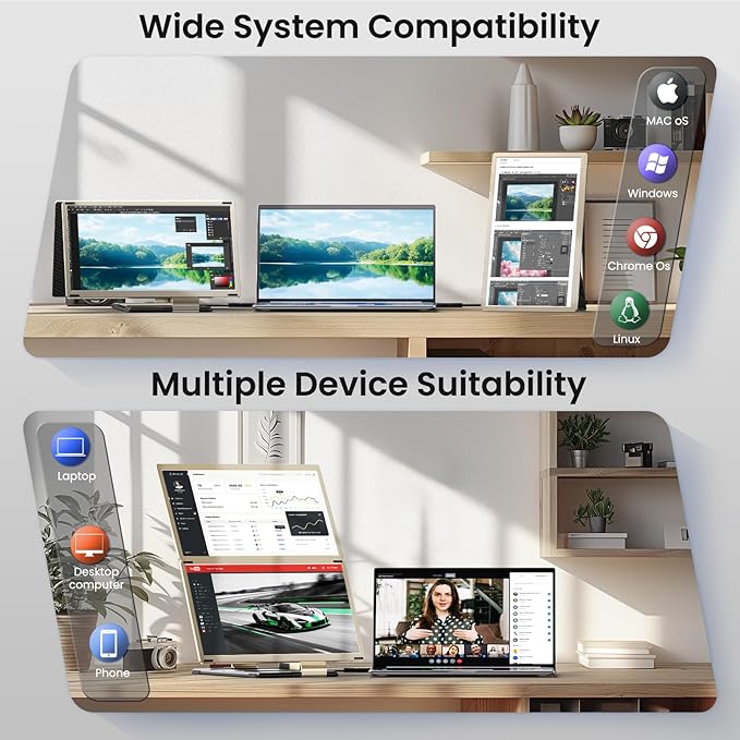 15.6 Laptop Screen Extender FHD 1080P 120% sRGB IPS Portable Triple Monitor for Laptop Detachable Dual Screen Extended Monitor Plug &amp Play Compatible with Windows/Mac/Android/Chrome/Linux