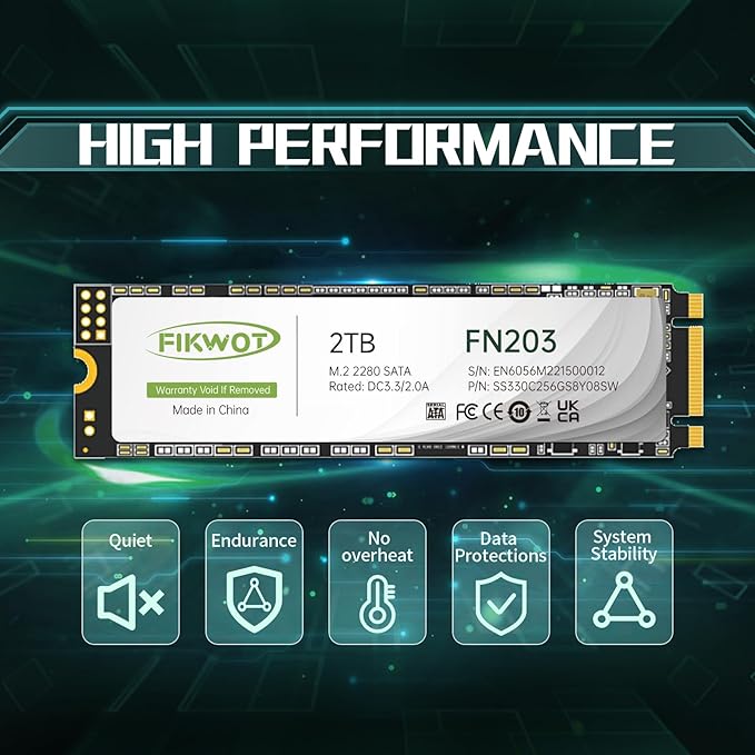 FN203 M.2 SATA SSD - SLC Cache 3D NAND TLC SATA III 6Gb/s M.2 2280 NGFF Internal Solid State Drive Up to 550MB/s Compatible with Ultrabooks Tablet Computers and Mini PCs (2TB)