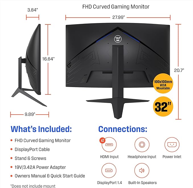 Westinghouse 32 Inch Curved Full HD Gaming Monitor 165Hz AMD FreeSync Support Low Motion Blur 1500R Curve 1920 x 1080 for PC Games with Built in Speakers DisplayPort 2X HDMI