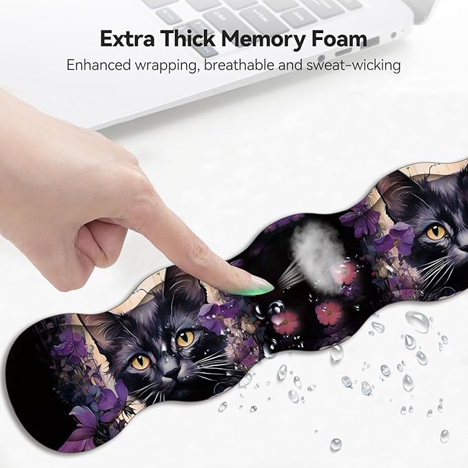 Mouse Wrist Rest and Keyboard Wrist Rest Pad+ Coaster Set Non-Slip Rubber Base Smooth Surface Ergonomic Gaming Mouse Pad for Easy Typing and Pain Relief Cat &amp Purple Flower