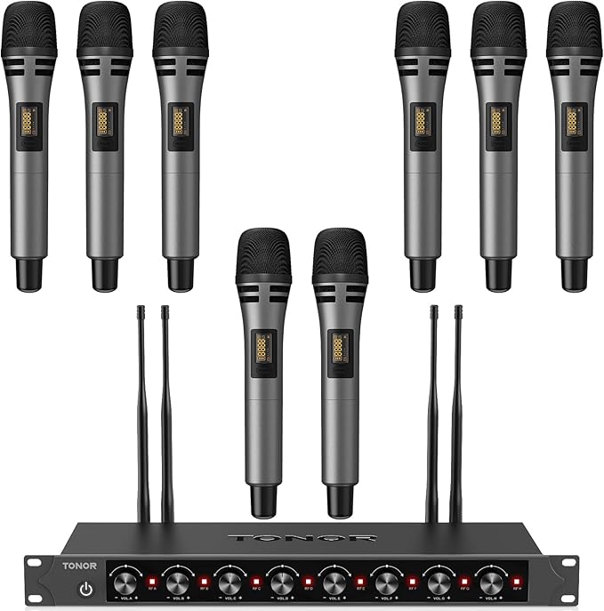 TONOR Wireless Microphones System with 8x12 Channels Cordless Handheld Microfono Inalambrico 90 m/295FT UHF Range Mics with Stable Signal Quick Mute for Karaoke Singing Party Church Wedding