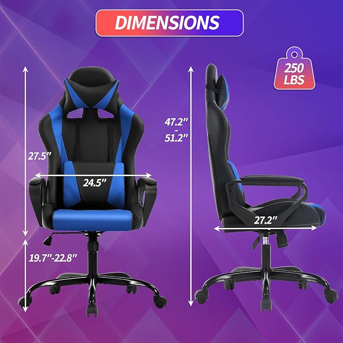 Gaming Chair Computer Racing Chair Ergonomic Office Chair Video Game Chairs for Adult Kids Teen Height Adjustable Reclining Chair with Lumbar Support Armrest Headrest Swivel Chair Game Chair Blue