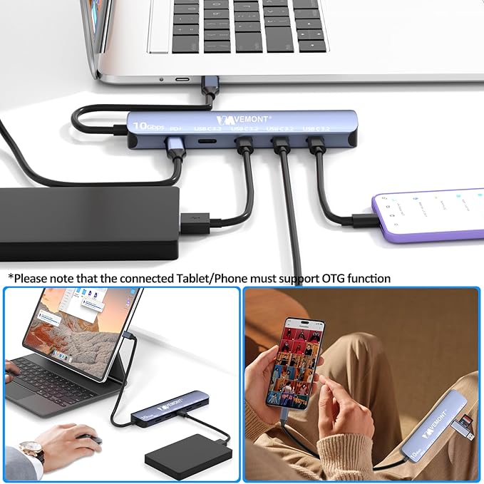 VEMONT 10Gbps USB C Hub - 4 USB-C Data Ports and 100W PD Charging for MacBook iPhone iPad XPS Surface Pro and More
