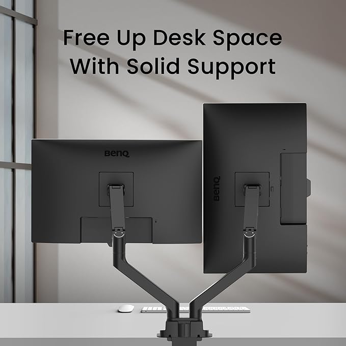 BenQ BDH01 Dual Monitor Arm -Gas Spring Monitor Stand for 2 Screens Up to 35'' &amp 44lbs Heavy Duty Quick Installation No Sagging Top Clamp and Grommet Base Reinforcement Plate VESA 75x75 &amp