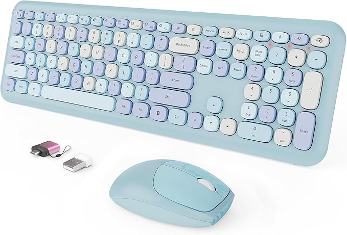Wireless Keyboard and Mouse Combo Colorful Ergonomic Full Size Retro Low-Noise Keyboard with Cute keycaps Compatible with Windows PC Perfer for Home and Office Keyboards (Blue)