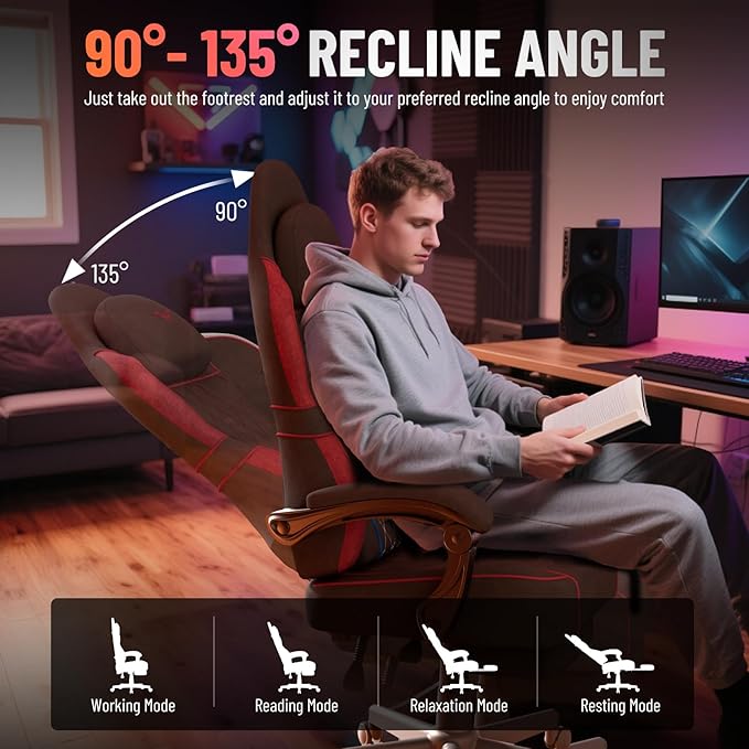 Huracan Ergonomic Gaming Chair Velvet Fabric Massage Game Chair with Footrest for Adults High Back Racing Computer Chair Lumbar Support Extended Seat for Home Office Video Game Black and Red
