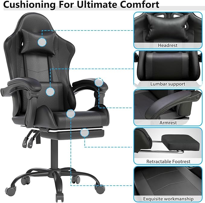 DJY-2470 Ergonomic Gaming Chair Racing Style Computer Chair with Adjustable Lumbar Support &amp Reclining PU Leather Video Game Chair for Adults Black