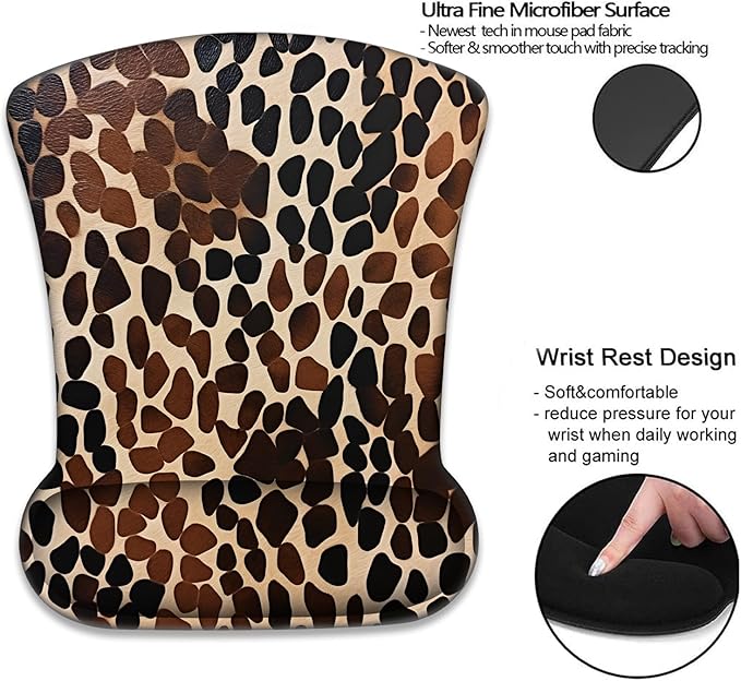 Mouse Wrist Rest and Keyboard Wrist Rest Pad+ Coaster Set Non-Slip Rubber Base Smooth Surface Ergonomic Gaming Mouse Pad for Easy Typing and Pain Relief Brownish Black Cow Pattern