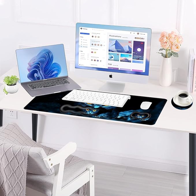 Large Keyboard Mouse Pad Set Extended Mouse Pad+Keyboard Wrist Rest Support Memory Foam Ergonomic Easy Typing 4Pcs (31.5×11.8 in) Desk Pad Set for Office HomeBlack Cat with Glowing Eyes