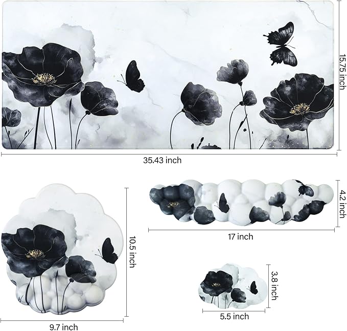 Conmputer Desk Mat Set 4 in 1 Cloud-Shaped Ergonomic Wrist Rest Set Mouse Pad with Non-Slip Base Memory Foam Silicone Lining Keyboard Wrist Rest Computers Offices Gaming Ink Wash Lotus