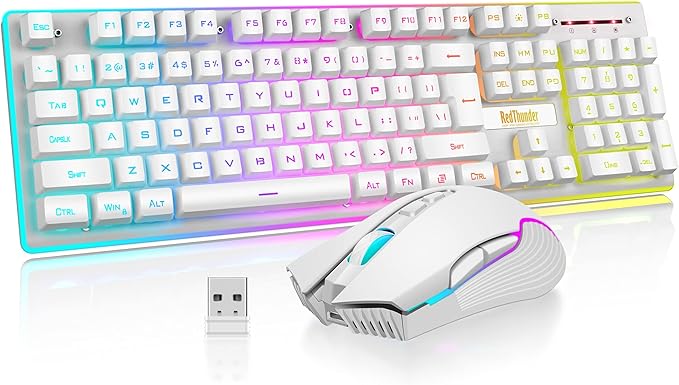 RedThunder K10 Wireless Gaming Keyboard and Mouse Combo LED Backlit Rechargeable 3800mAh Battery Mechanical Feel Anti-ghosting Keyboard + 7D 3200DPI Mice for PC Gamer (White)