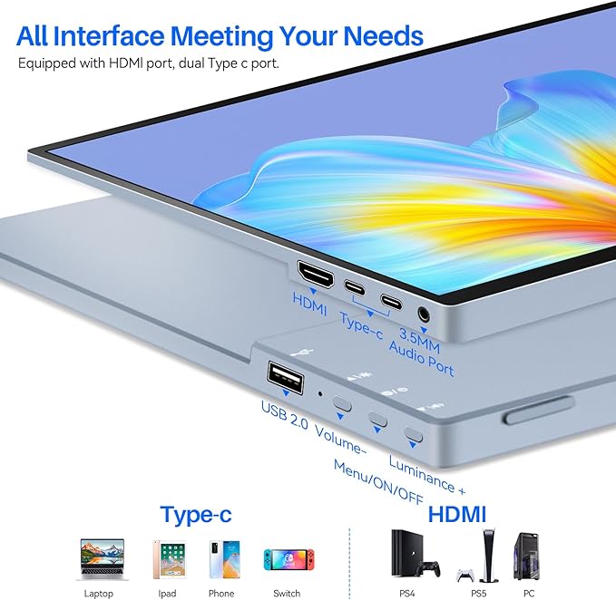Touchscreen Portable Monitor 14 Inch IPS Slim Travel Screen FHD 1920X1200 HDR FreeSync Bezel Less USB-C Computer Monitor with Cover Stand and Speakers for Laptop PC Mac Surface PS4/5 Xbox