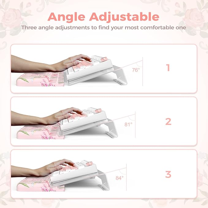 2 in 1 Keyboard Stand for Desktop Floral Wrist Support for Keyboards Anti-Fatigue Memory Foam Wrist Rest for Computer 3-Angle Adjustable Keyboard Riser for Office Home (Pink Bow)