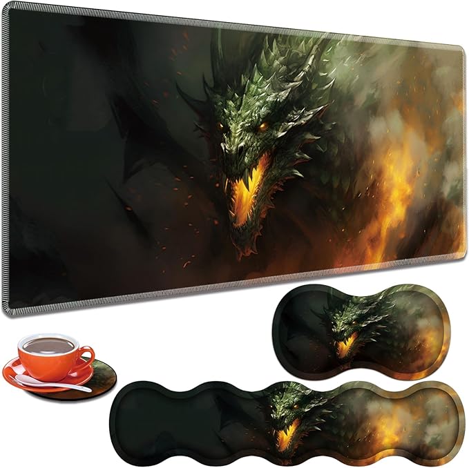 Large Gaming Table Pad 31.5 x 11.8 + Keyboard Wrist Pad + Mouse Wrist Pad + Coaster Non-Slip Base 4-in-1 Set Ergonomic Memory Foam Easy Typing Pain Relief Firing Dragon