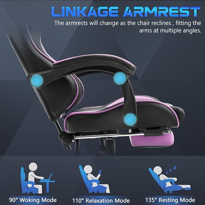 Huracan Gaming Computer Chair with Footrest and Lumbar Support Adjustable Video Game Chairs for Adults Ergonomic Reclining Desk Chair with Headrest for Office or Gaming Purple