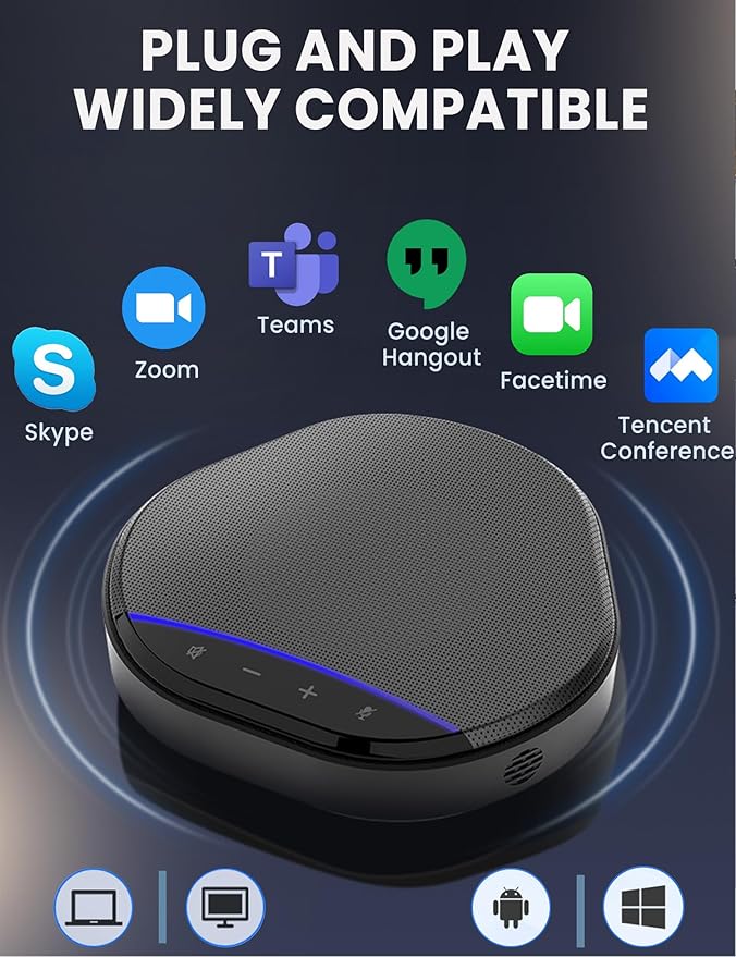Conference Speaker and Microphone 360° Enhanced Voice Pickup with 2 AI Mics Echo &amp Noise Reduction USB-C Plug &amp Play Speakerphone for Zoom Skype Teams Calls for Home Office and Meeting Roo