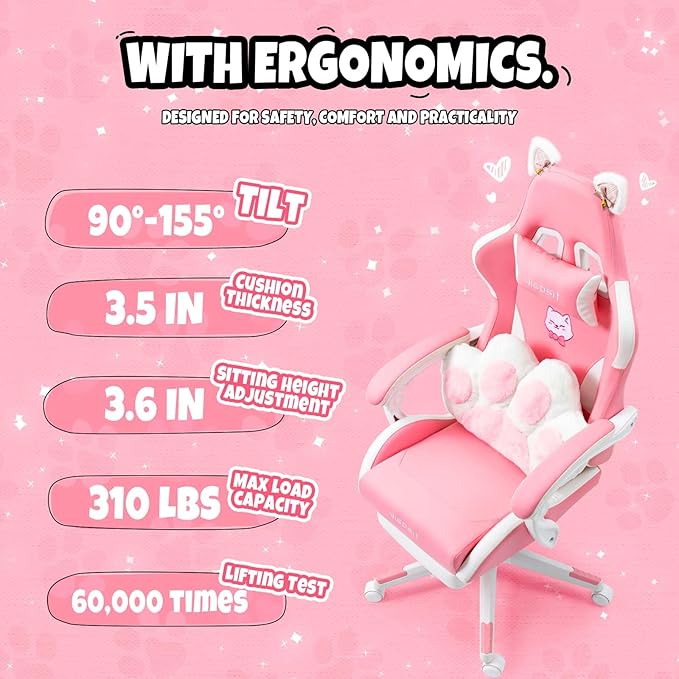 【Gaming Chair with Paw Cushion】 Kawaii PC Gamer Chair for Girls Teens Adjustable Height &amp 90-155° Recline 360° Swivel with Retractable Footrest (Pink)