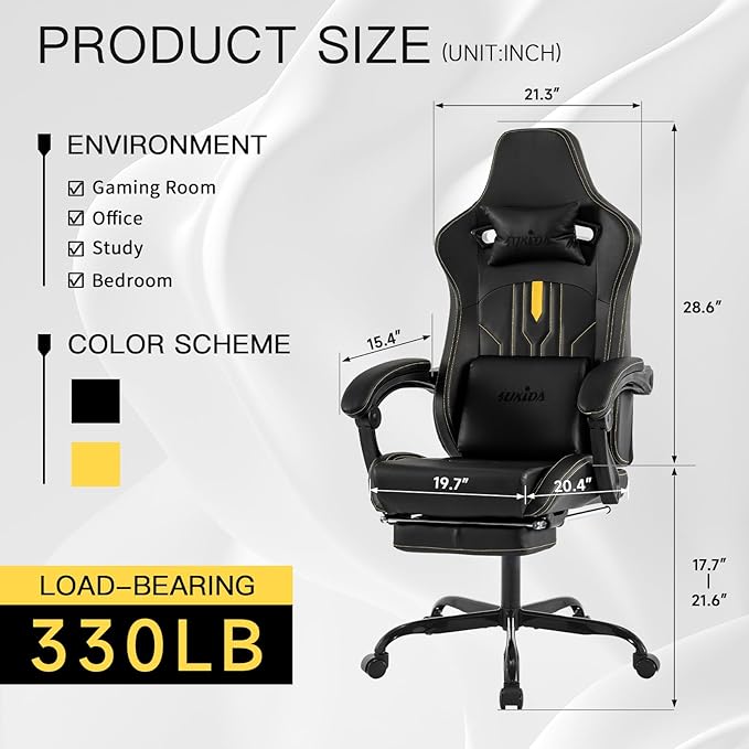 Gaming Chair with Footrest Ergonomic Computer Chair Massage Lumbar Cushion Racing Video Game Chair Adjustable Rocker Recliner Executive Office Desk Chair Pu Leather for Adults