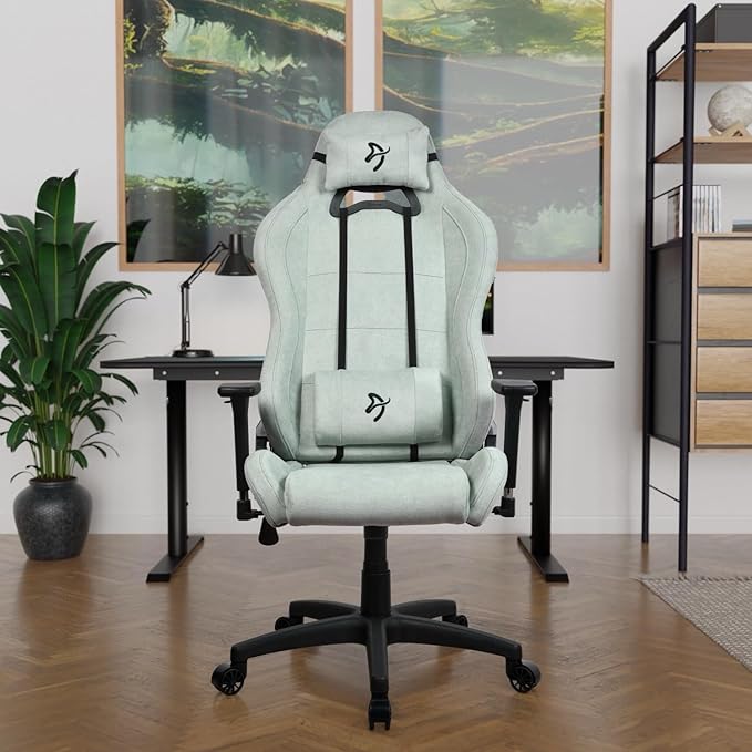 Arozzi Torretta Soft Fabric Gaming Chair Breathable Fluid-Repellent Ergonomic Office Chair with Adjustable Height 3D Armrest &amp 2 Supportive Pillows (Pearl Green)