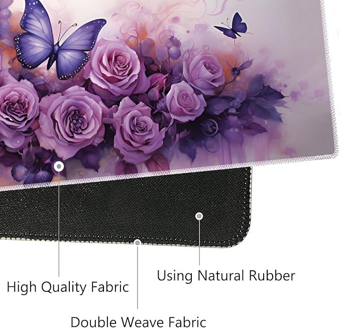 3-in-1 Large Mouse Pad Gaming Set (31.5 x 11.8 inch)+ Wrist Rest Pad + Coaster Memory Foam Gel Wrist Rest Pad for Pain Relief Stitched Edges Non-Slip Table Mat Purple Roses and Butterflies