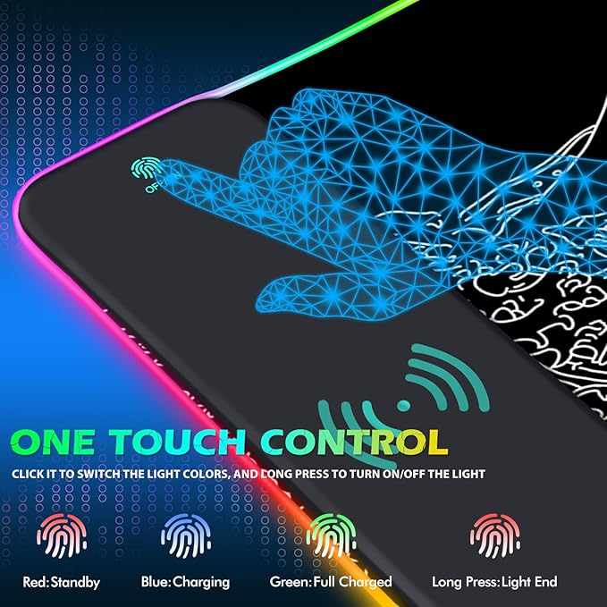 ToLuLu RGB Wireless Charging Gaming Mouse Pad 7.5/10/15W 10 Light Modes LED Mouse Pad Computer Keyboard Mat Mousepad 800x300x4MM Extended Large Desk Pad Mat Japanese Kanagawa Sea Wave Black White