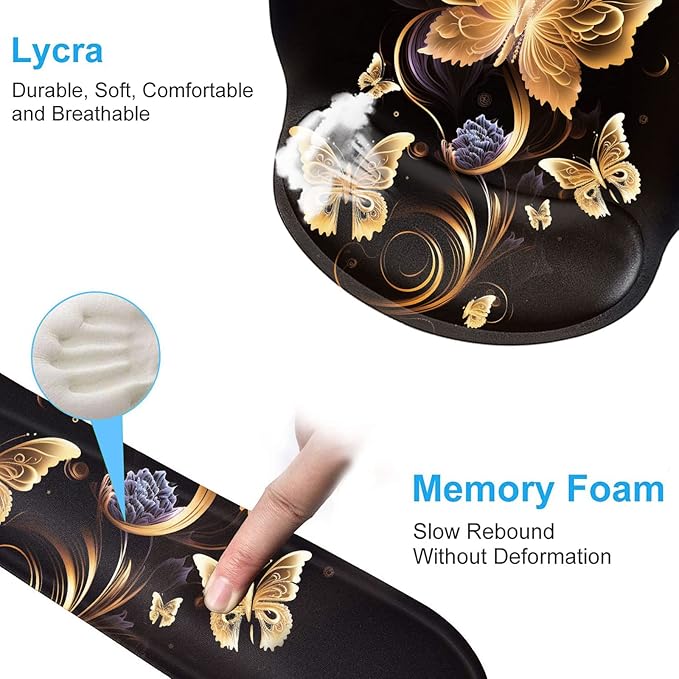 Keyboard Wrist Rest and Mouse Pad Wrist Support Set with Coffee Coaster Non-Slip PU Base for Gaming and Office Comfortable &amp Lightweight for Easy Typing &amp Pain ReliefGold Butterfly