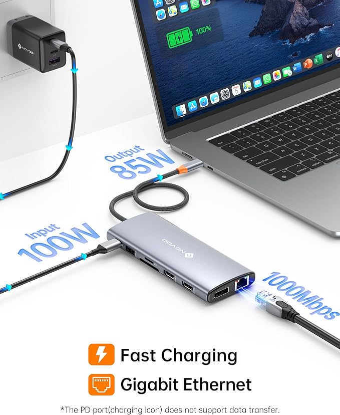 NOVOO USB C Docking Station Dual Monitor for Laptop 14 in 1 Hub Adapter Thunderbolt 3 to Dual 4K60 HDMI+8K30 DP USB C/A Data 100W PD RJ45 SD/TF
