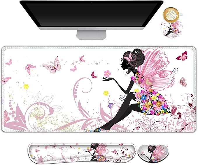 ARTSO Extended Gaming Mouse Pad Set Keyboard Wrist Rest Support Pad + Wrist Cushion + XXL Large Mouse Pad + Coaster Stitched Edge Non-Slip Memory Foam Desk Mat Pink Butterfly Girl