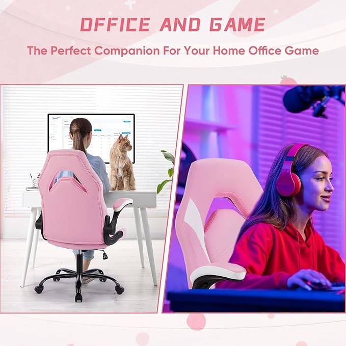 OLIXIS Computer Gaming Desk Chair - Big and Tall Ergonomic Lumbar Support with Flip-up Armrest and 360° Swivel Wheels PU Leather Height Adjustable for Home and Office Pink