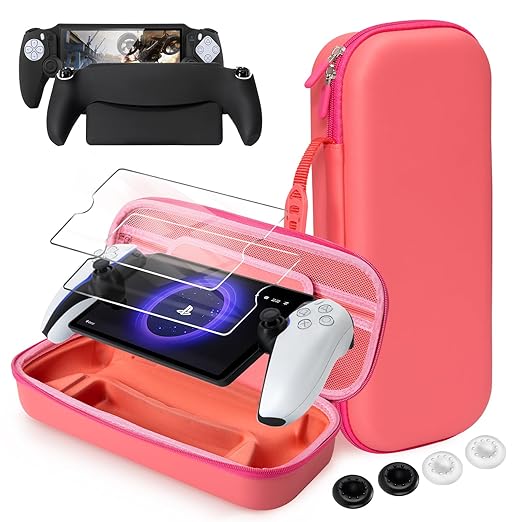 CoBak Hard Carrying Shell Case for PlayStation Portal Remote Player - with 2 Screen Protector 1 Grip Case 4 Thumb Grip Caps Hard Outer Cover for PS5 Portal Pink