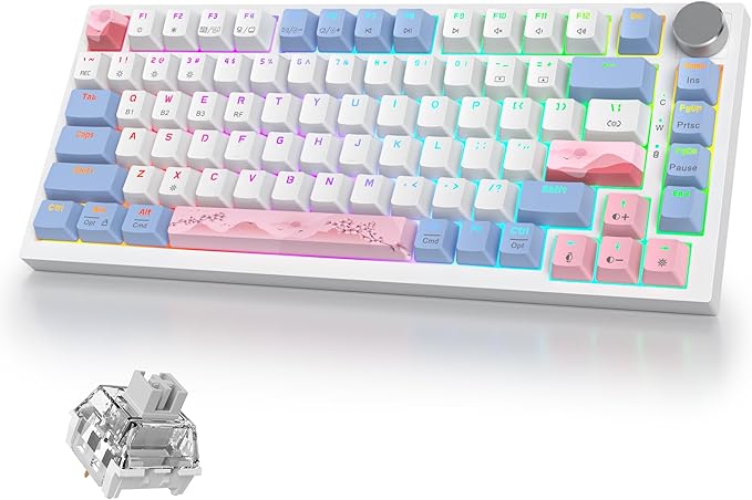 400PRO 75% Wireless Creamy Mechanical Keyboard Pink Gasket Hot Swappable RGB Gaming Keyboard Bluetooth/2.4GHz/USB-C Cute Key Board with Pre-lubed Cream Grey Switches (82 Pink White)