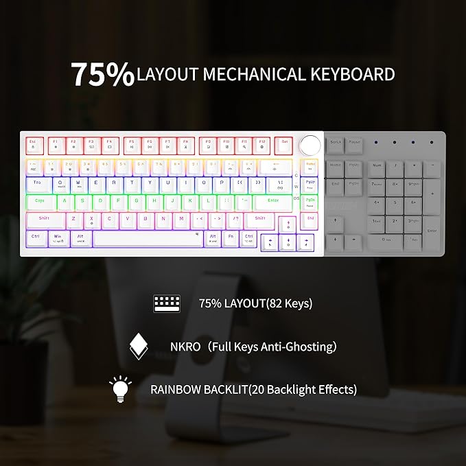 Newmen GM326 75% Percent Mechanical KeyboardWired Mini Backlit Hot Swappable Gaming Mechanical Keyboard with Knob82 Keys Anti-Ghosting Compact White Gaming Keyboards for PC Win MacRed Switch