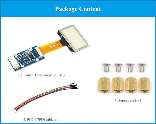 1.51inch Transparent OLED Compatible with Raspberry Pi 5/4B/3B+/3B/A+/Pi Zero W/Pi Zero 2W 128 x 64 Resolution SPI/I2C Interfaces Embedded Independent Driver Chip Light Blue Color Display