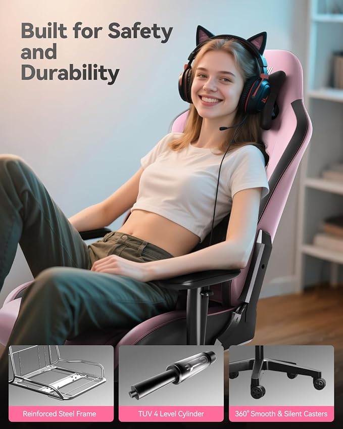 AutoFull C3 Gaming Chair Racing Style Gaming Chair with Ergonomic Lumbar SupportAdjustable High Back PU Leather PC Chair with FootrestPink