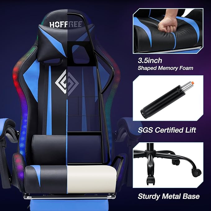 HOFFREE Gaming Chair with LED RGB Lights with Massage and Footrest Ergonomic Computer Chair High Back Video Game Chair with Adjustable Lumbar Support Linkage Armrest Blue and Black