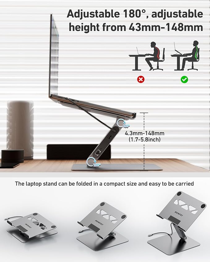 BENFEI Laptop Stand with USB C 6in1 Docking Station HDMI 4K@60HzGigabit Ethernet 100W Power Delivery 10Gbps 1*USB C 3.2 and 2*USB A 3.2 Compatible with MacBook Pro/Air iPad Pro XPS Thinkpad