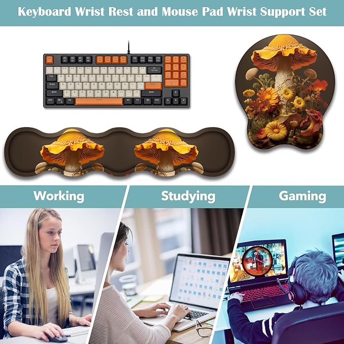Mouse Wrist Rest and Keyboard Wrist Rest Pad+ Coaster Set Non-Slip Rubber Base Smooth Surface Ergonomic Gaming Mouse Pad for Easy Typing and Pain Relief Mushroom Sunflower