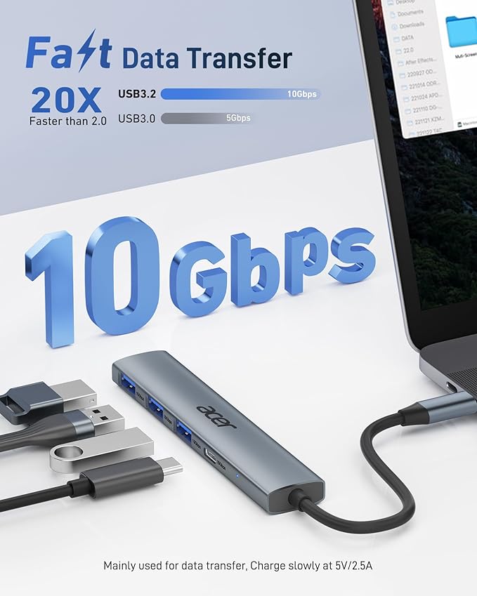 Acer USB C Hub 10Gbps USB 3.2 Gen 2 Adapter with 3 USB-A &amp 1 USB-C Ports High Speed Type C Multiport Splitter for MacBook iPhone 16/15 iPad Surface Pro Chromebook Dell XPS and More