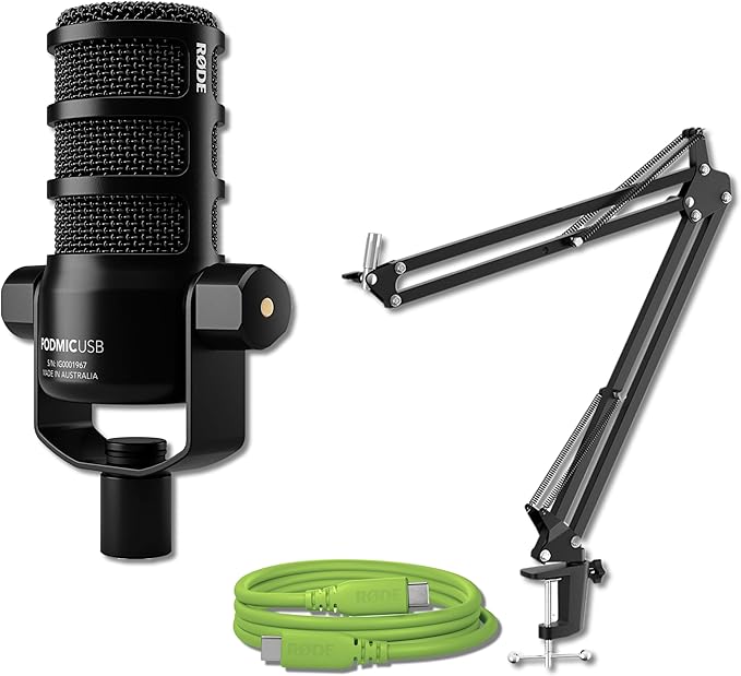 Rode PodMic USB Dynamic Broadcast Microphone with Rode SC27 Green USB-C to USB-C Cable and StreamEye Adjustable Boom Arm