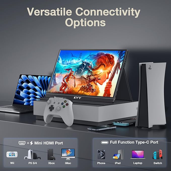 KYY 4K Portable Monitor – 15.6 UHD IPS Travel Display Slim &amp Lightweight Design HDMI &amp USB-C Inputs Perfect for PS5 Xbox Switch Laptops Phones and On-the-Go Professionals K5