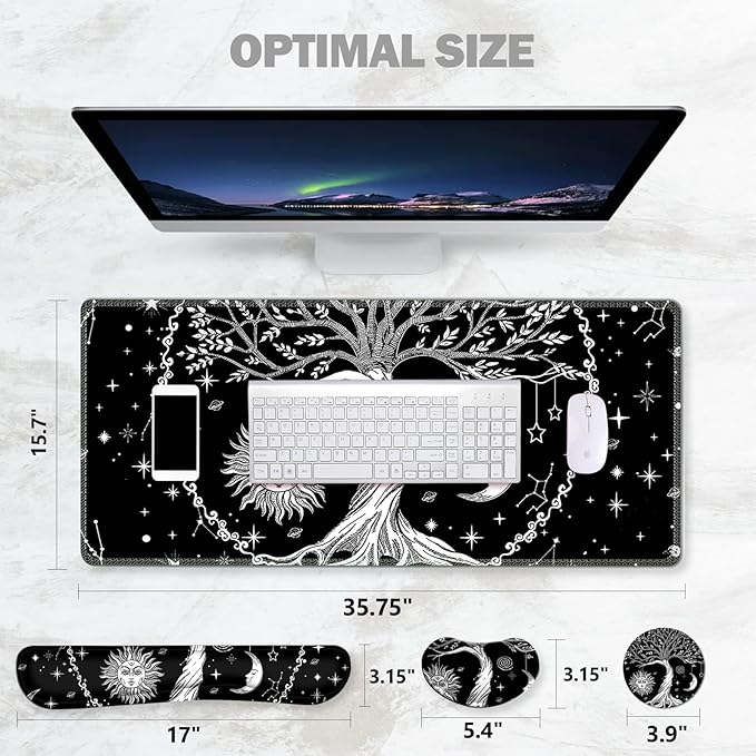 ToLuLu Extended Gaming Mouse Pad Memory Foam Ergonomic Keyboard Mouse Wrist Rest Support Set Large Desk Mat with Stitched Edges Non-Slip Base Mousepad for Home Office Game and Study Moon &amp Sun