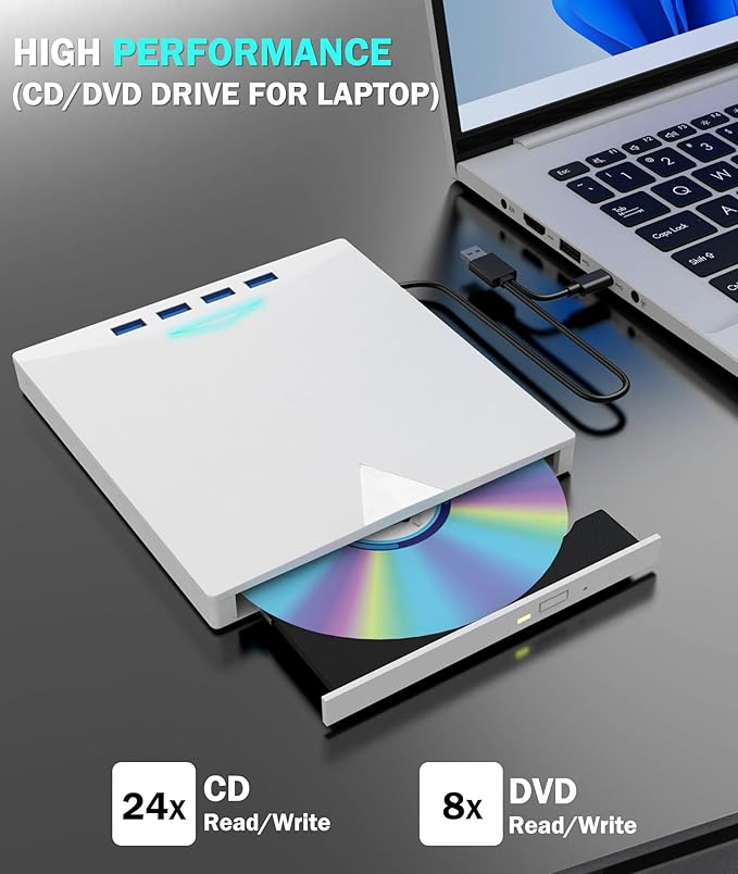 External CD/DVD Drive for Laptop PC8 IN 1 LED Portable DVD Drive CD Burner CD-ROM DVD-/+RW Writer Reader with TF/SD Card SlotsUSB 3.0 DVD Drive ExternalCompatible with MacWindows 11/10/8/7Linux